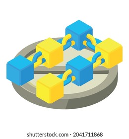 Blockchain technology icon isometric vector. Block chain yellow and blue color. Cryptocurrency concept, digital money, virtual currency, financial technology