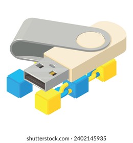 Blockchain technology icon isometric vector. Bright block chain and flash drive. Cryptocurrency concept, financial technology