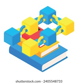 Blockchain technology icon isometric vector. Block chain on stack of paper book. Blockchain, cryptocurrency concept