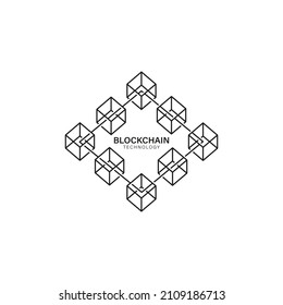 Concepto de logotipo de icono de la tecnología Blockchain con sistema de red de línea y cadena de enlace de cubo.