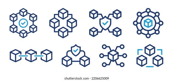 Conjunto de contorno de icono de la tecnología Blockchain. Símbolo asegurado de la cadena de bloqueo de criptodivisa. Ilustración vectorial.