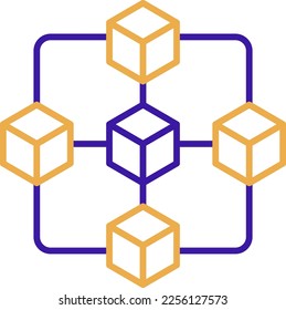 Icono de tecnología Blockchain con estilo duotónico morado y anaranjado. Computación, diagrama, descarga, archivo, carpeta, gráfico, laptop. Ilustración del vector