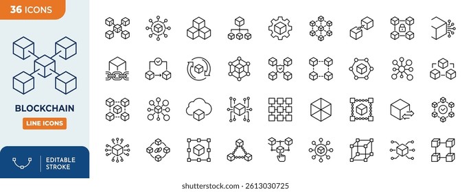 Blockchain technology icon set. Cryptocurrency related icons set. Editable stroke. Vector illustration
