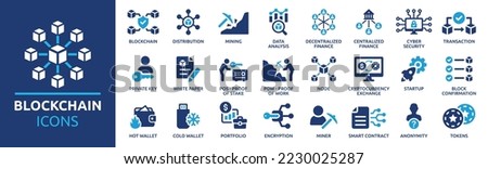 Blockchain technology icon set. Cryptocurrency icons element. Containing blockchain, node, distribution, decentralized finance, encryption, tokens, white paper and wallet icon collection. Сток-фото © 