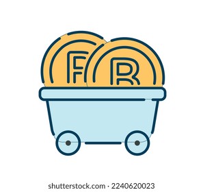 Blockchain technology icon. Two gold coins with bitcoin icon in transport trolley. Logotype for company and organization, branding. Minimalist creativity and art. Cartoon flat vector illustration