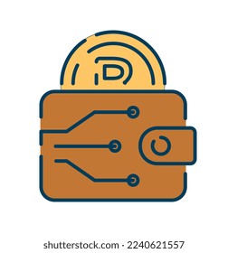 Blockchain technology icon. Wallet with gold coin with bitcoin icon. Metaphor of crypto wallet, electronic money and transactions on Internet. Structure and scheme. Cartoon flat vector illustration