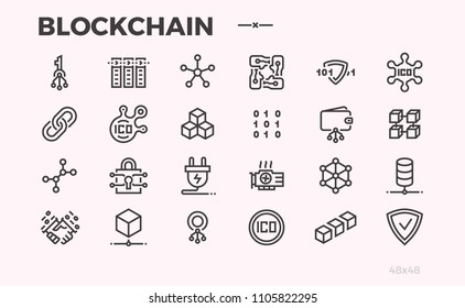 Blockchain technology icons. Cryptography, crypto currency and other symbols. Not editable line.