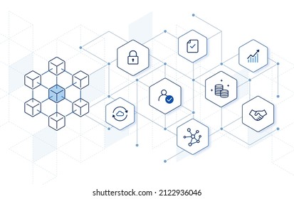 Blockchain technology with icons. how blockchain works. abstract hexagon background.