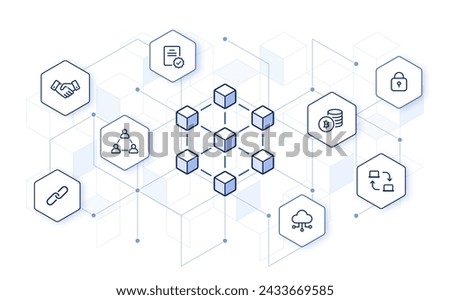 Blockchain technology with icons on abstract hexagon background