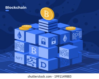 Blockchain Technology illustration vector with crypto coin, NFT. Blockchain isometric illustration. Digital cryptocurrency technology. 