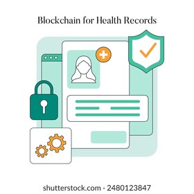 Blockchain technology integration for secure health records management. Patient data protection with modern encrypted systems. Vector illustration.