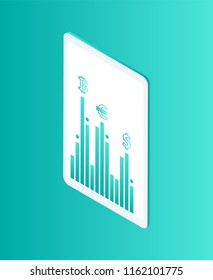 Blockchain technology isolated isometric 3d icon vector. Screen with pie diagram chart, visualization of information. Cryptocurrency rates on display