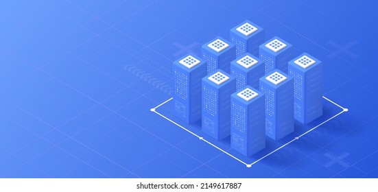 Blockchain technology isometric banner. 3d vector illustration with digital cryptocurrency concept. Block connection network. Data server illustration.