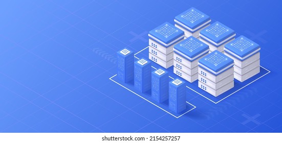 Banner isométrico de tecnología Blockchain. Ilustración vectorial 3d con concepto criptodivisa digital. Bloquear la red de conexión. Ilustración del servidor de datos.