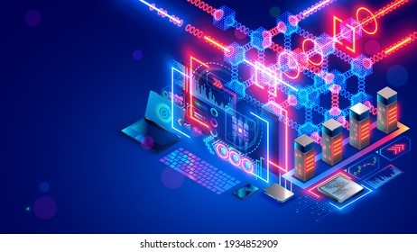 Blockchain technology isometric concept. Computer farm mining cryptocurrency, digital money. Server racks in data center mine crypto currency, process big data consisting of chain of digital blocks. 