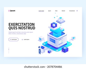 Blockchain technology isometric concept. Cryptocurrency exchange, big data processing, digital money currency. People working on crypto business. Vector character illustration in isometry design