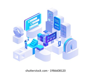 Blockchain Technology Isometric Concept. Digital Money Currency Mining Farm With Server Racks. People Working On Crypto Business, Financial Tools. Vector Character Illustration In Isometry Design