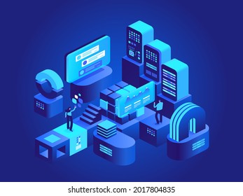 Blockchain technology isometric concept. Digital money currency mining farm with server racks. People working on crypto business, financial tools. Vector character illustration in isometry design