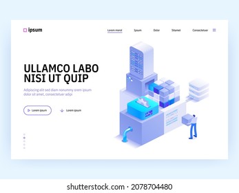 Blockchain technology isometric concept. Digital money currency mining farm with server racks. People working on crypto business, financial tools. Vector character illustration in isometry design