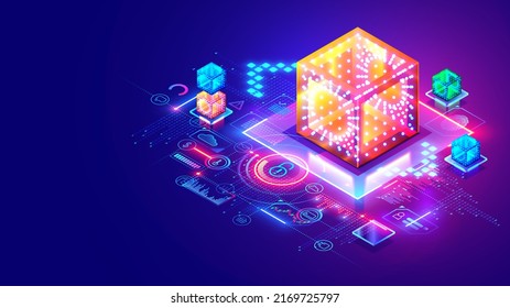 Blockchain technology isometric conceptual banner. Digital block chain tech background. Cryptocurrency mining and safety internet storage. Data is formed into glass blocks. Crypto Economy fintech.