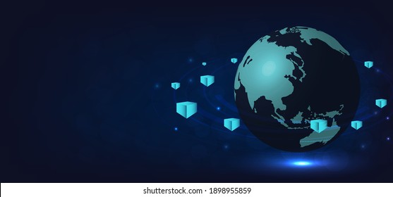  Blockchain technology. Isometric digital blocks connection vector illustration with connected globe on blue background. Linked block contain cryptography hash and transaction data. 