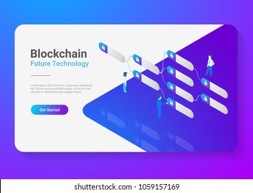 Blockchain Technology Isometric flat vector illustration concept. People using Block chain data.