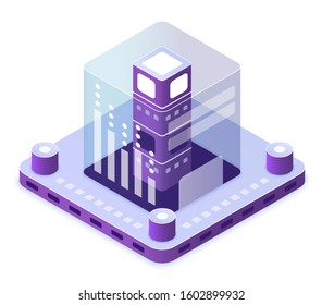 Blockchain technology isometric vector illustration. Innovative electronic computer tech. Database for information. Virtual platform. Server hardware. Datacenter cartoon conceptual design element