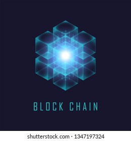 Blockchain technology isometric virtual, system online concept design illustration isolated on dark blue background and Blockchain Text, vector