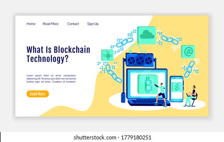 Plantilla vectorial de color plano de la página de inicio de la tecnología Blockchain. Diseño de página de inicio de criptografía. Bitcoin wallet interfaz de sitio web de una página con ilustración de dibujos animados. Banner web de criptodivisa, página web