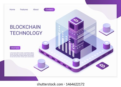 Blockchain technology landing page vector template. Bitcoin financial transactions, e billing service website layout. Crypto mining, blockchain 3d concept. Electronic currency market