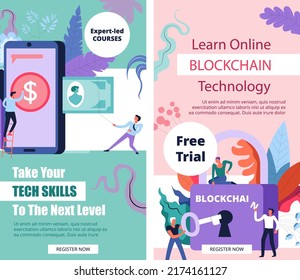 Blockchain Technology Learning Online, Tech Skills Improvement, Take It To Next Level. Free Trial For Courses And Classes In Groups, Register Now. Website Landing Page Template, Vector In Flat Style