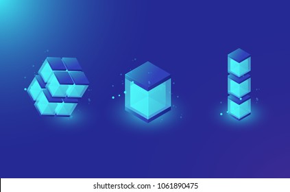 Blockchain Technology Lemets For Design, Isometric Shining Box, Database, Glass Cube Dark Blue Vector Background