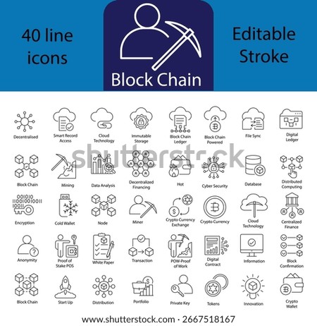 Blockchain technology line editable icon set. Cryptocurrency icons element. Containing blockchain, node, distribution, decentralized finance, encryption, tokens, and more. vector illustrator