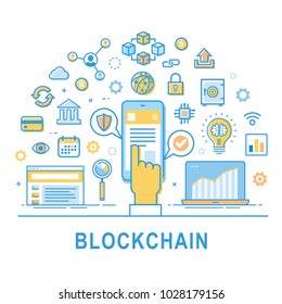 Blockchain technology line vector illustration on white background with text "Blockchain". Security cryptocurrency design with hand and smartphone. Vector block chain modern icon, logo, symbol set.