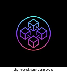Blockchain Technology linear vector concept blue icon. Circle with Four connected Blocks creative round sign on dark background