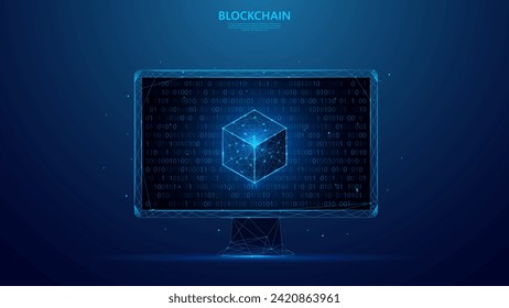 Blockchain-Technologie und Zeilen Binärcode auf einem Tablettenbildschirm. blauer Low-Poly-Hintergrund.