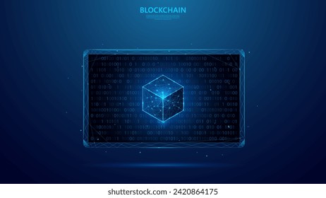 blockchain technology and lines of binary code on the monitor screen. blue low poly style background.