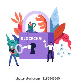 Blockchain technology lock and workers holding key vector