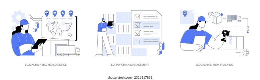 Tecnología Blockchain en el conjunto de ilustración de vector conceptual abstracto de logística. Persona con proceso de transporte de control de tabletas, gestión de cadena de suministro, seguimiento de elementos de blockchain metáfora abstracta.