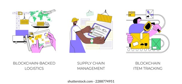 Blockchain-Technologie in der Logistik - einzelne Cartoon-Vektorgrafiken-Set. Person mit Tablet Controlling Transport Prozess, Supply Chain Management, Blockchain Element Tracking Vektorgrafik.