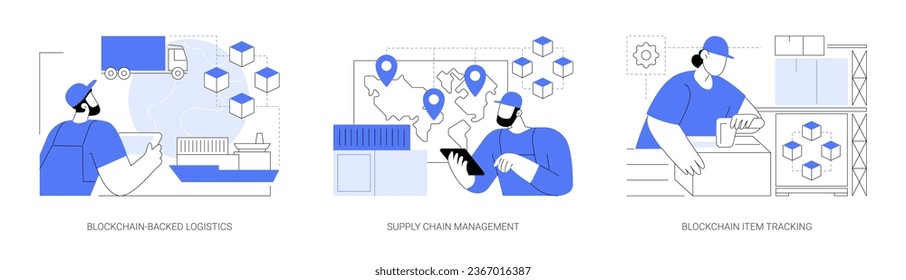 Blockchain technology in logistics isolated cartoon vector illustrations set. Person with tablet controlling transportation process, supply chain management, blockchain item tracking vector cartoon.