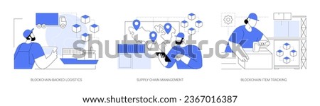 Blockchain technology in logistics isolated cartoon vector illustrations set. Person with tablet controlling transportation process, supply chain management, blockchain item tracking vector cartoon.