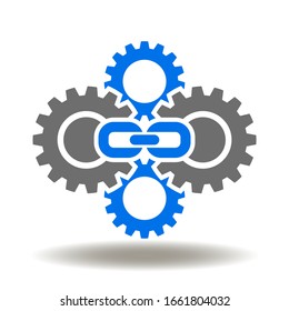 Logo de la tecnología de la cadena de bloqueo. Vector de icono de la cadena del mecanismo de la rueda de cog. Símbolo del sistema informático de financiamiento de internet de la cadena de bloques.