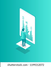 Blockchain technology man interacting with screen isolated isometric 3d icon. Pie diagram and visual representation of cryptocurrency data vector