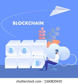 Blockchain Technology, Mining Farm Illustration. Cryptocurrency Miner Cartoon Character. Man Monitoring Bitcoin Capitalization. Mining with Server Processing Power. E business Banner with Typography