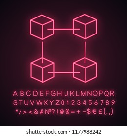 Blockchain technology neon light icon. Big data. Cryptocurrency. Fintech. Glowing sign with alphabet, numbers and symbols. E-commerce. Connected cubes. Vector isolated illustration