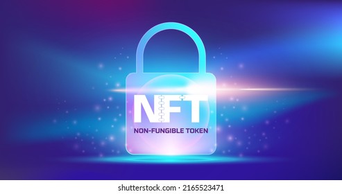 Blockchain technology NFT typography where digital assets are signed and encrypted with an immutable identity. Metaverse NFT locking illustration.