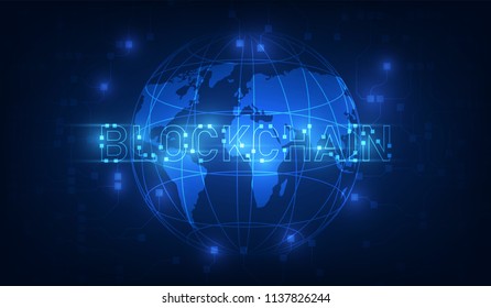 Blockchain technology on futuristic background with world map network.Network ,vector illustration
