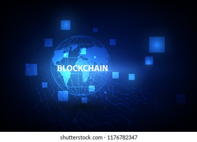 Blockchain technology on futuristic background with world map network.Network ,vector illustration