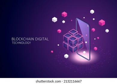 Tecnología Blockchain para sobre smartphones y dispositivos digitales tecnología futura, página de inicio. ilustración vectorial isométrica